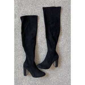 Jewel Badgley Mischka Black Stretch Over-the-Knee Block Heel Boots 8 Holiday